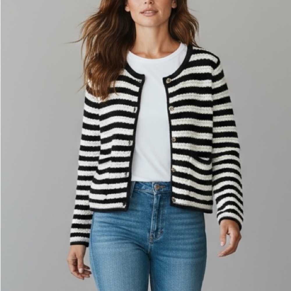 NWT Koko + Mason Black White Striped Knit Button Front Cardigan Sweater Preppy